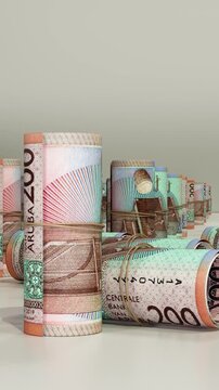 Rolled Aruba 200 Florin Banknotes with Slow Camera Movement, Realistic Currency Animation, Stock Video for commercial