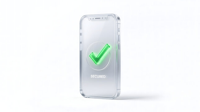 Mobile phone screen with green check mark icon. Verification and secure registration concept. Smartphone displaying app approval and user account creation. Technology success sign.