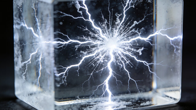 Fractal electrical discharge figure captured inside a clear acrylic block, physics abstract