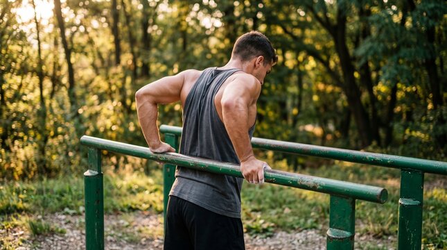 Muscular Man Doing Triceps Dips on Outdoor Parallel Bars in Park