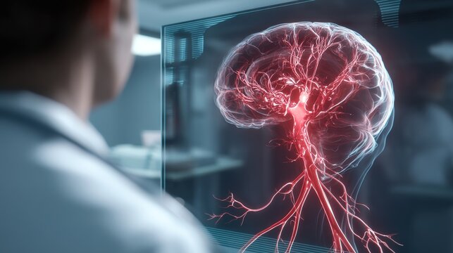 3D medical illustration of brain aneurysm, weakened bulging cerebral blood vessel at risk of rupture, intracranial vascular abnormality anatomy visualization, neuroscience pathology graphic for clinic