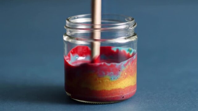 Mixing colors in a glass jar using a wooden stick for art project