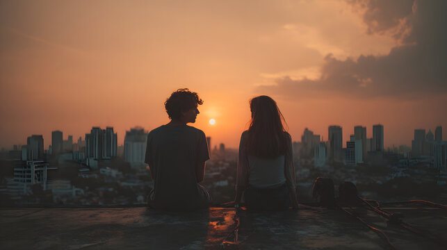 Young couple rooftop sunset city skyline silhouette romantic evening watching sun dip over urban skyline, warm orange glow and contemplative mood