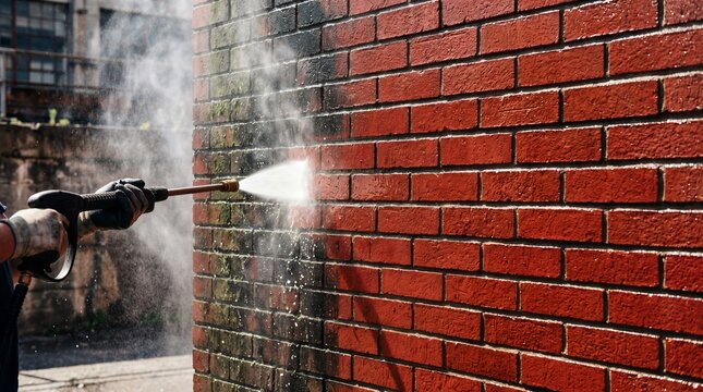 Worker Pressure Washing Red Brick Wall to Remove Dirt and Moss