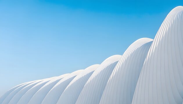 Abstract architectural structure featuring a series of white, ribbed, fan-like elements arranged in a sweeping curve