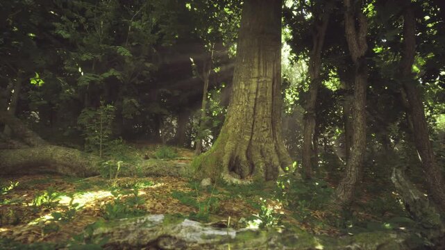 Dense moss carpet Finland dotted with mushroom cluster and tiny seedlings, humid ambiance with soft filtered light, scene evokes foraging, mycology study