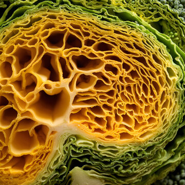 Golden turmeric broccoli cabbage cross section macro vegetable texture vibrant pattern
