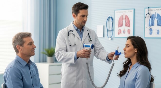 Doctor performs pulmonary function test on a female patient, with a male observer in a medical clinic