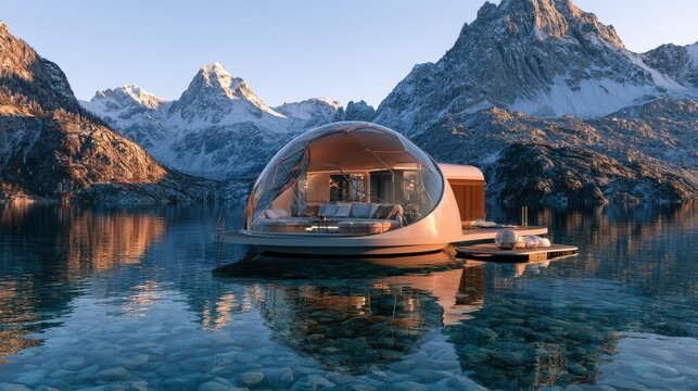 Floating pod residence rests on the calm surface of a glacial lake surrounded by massive mountains.