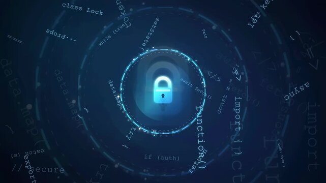 Digital cybersecurity concept with glowing blue padlock icon and rotating programming code on dark background