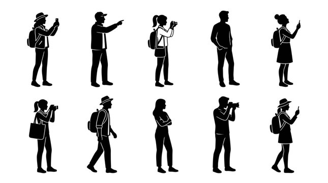 Diverse tourist group silhouettes featuring people carrying backpacks using cameras and smartphones standing in various poses isolated on white background for modern travel design projects and creativ