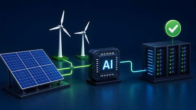 Artificial intelligence green computing renewable energy server rack utilizing solar wind power grid infrastructure