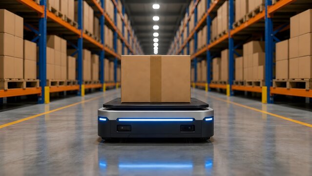 Automated warehouse autonomous mobile robot transporting cardboard box optimizing supply chain logistics ecommerce fulfillment