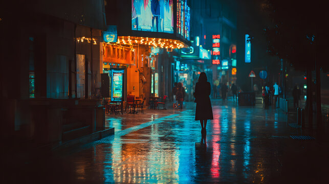 Woman silhouette night neon street rain wet pavement city lights reflection urban solitude walking coat moody loneliness evening blue orange bokeh downtown sidewalk illuminated cinematic poster