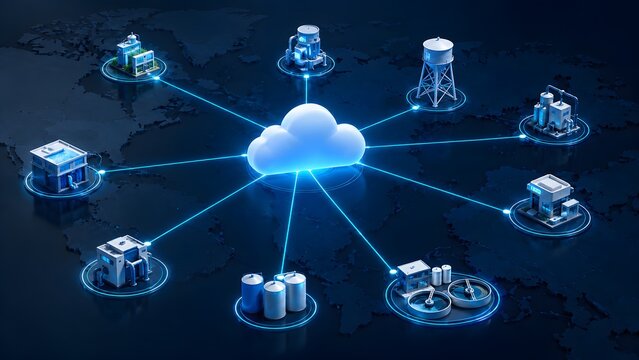 Global cloud computing network connecting industrial manufacturing facilities smart infrastructure centralized remote monitoring supply chain management