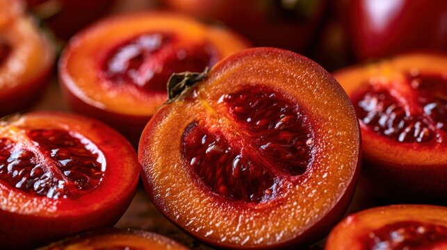 Plum slices reveal glistening pulp and dark pits in a bright and appetizing kitchen arrangement.