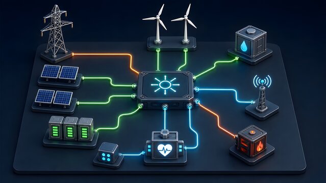 Smart grid energy management system hub managing renewable solar wind power critical infrastructure utilities