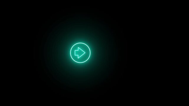 Neon cyan glowing arrow icon inside circle pointing right for navigation button in dark user interface design direction forward next
