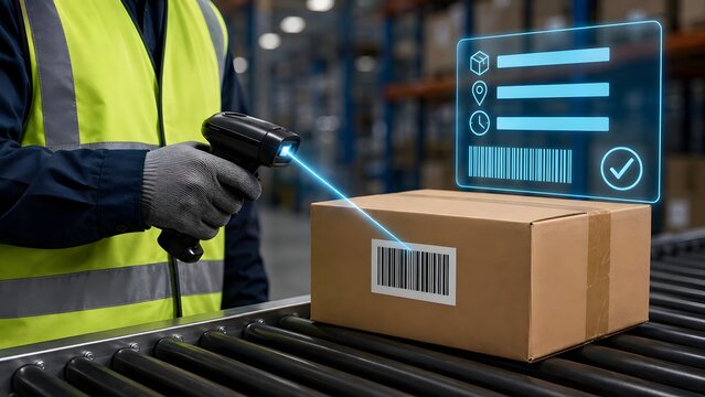 Augmented reality smart warehouse logistics worker scanning cardboard box holographic interface supply chain order fulfillment