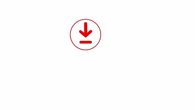 Red download icon with down arrow and horizontal line inside circle on clean white background for digital file transfer