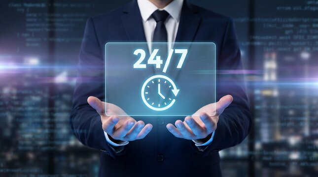 Professional in formal business attire showcasing digital 24/7 service interface in high tech office environment representing instant global customer support and round the clock operations