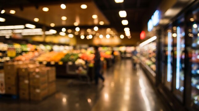 Blurred interior of modern grocery store with bokeh lights reflecting on polished floors showing wide aisles filled with fresh produce displays and refrigerated shopping sections