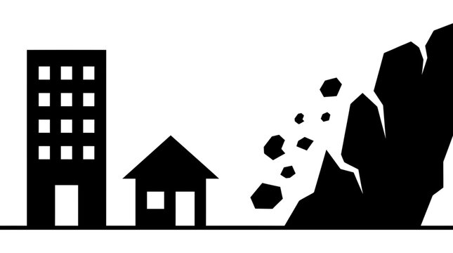 Landslide hazard vector illustration showing falling rocks near buildings and homes safety warning