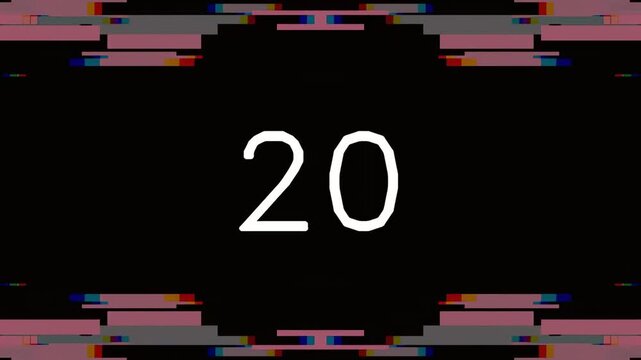 Digital glitch countdown timer with number twenty on black background