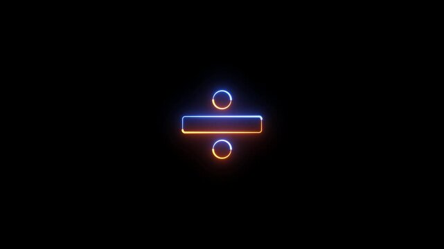 Neon glowing divide math icon outline video motion animation on black background. Neon Bright Divide math icon video animation design. Lighting Dividing sign symbol.