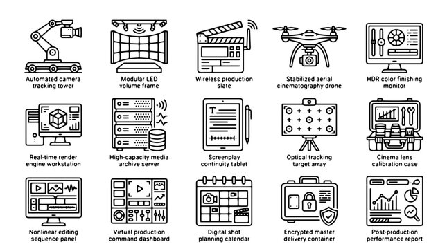 Film production icons set, 15 cinematography and virtual production line icons, movie industry equipment vector graphics