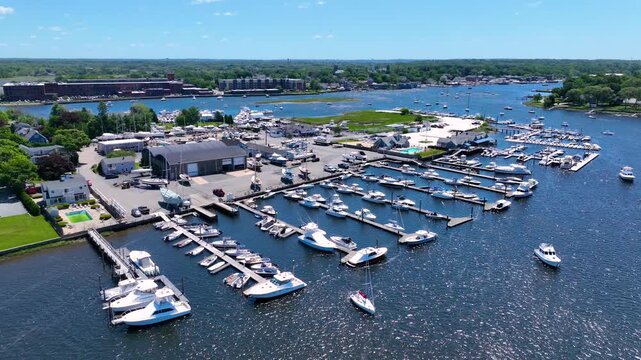 Barrington Yacht Club aerial view at Tyler Point in town of Barrington, Rhode Island RI, USA. Tyler Point located at the mouth of Palmer River into Barrington River. 