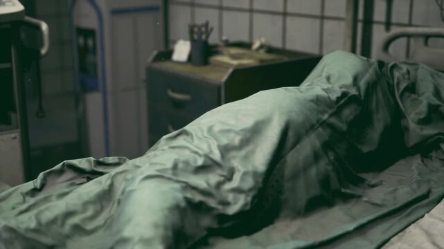 Covered body on metal gurney, clinical morgue scene with green sheet and dim fluorescent light, stainless drawer and medical equipment in background, forensic