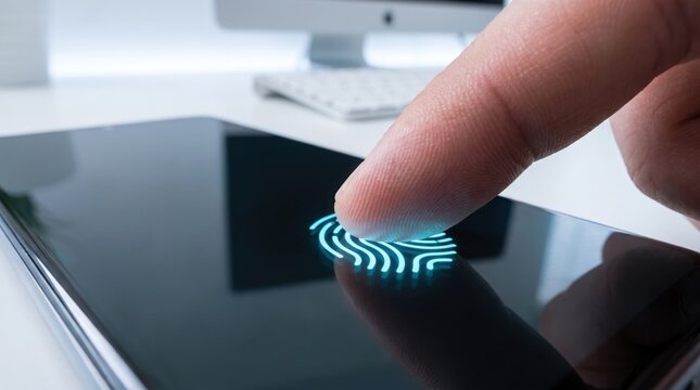 Finger touching touchscreen with glowing fingerprint scan modern technology and security
