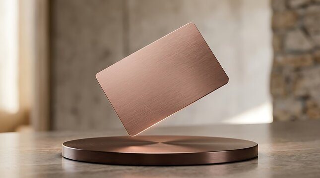 Brushed copper credit card presented on minimalist circular stand in modern interior with soft lighting.