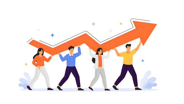 Business team holding growing sales arrow chart success concept with business
