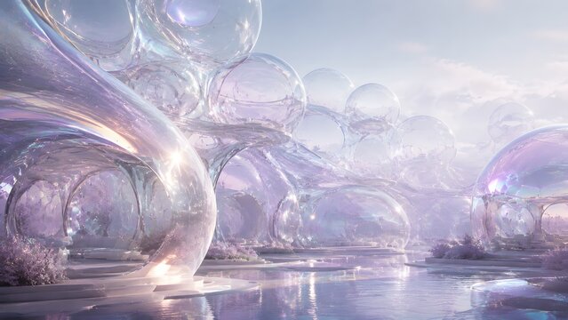 Iridescent bubble architecture in futuristic landscape, ethereal glass domes over water, surreal pastel fantasy environment