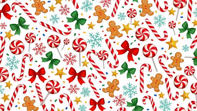 Christmas Pattern with Gingerbread Men and Candy Canes Background