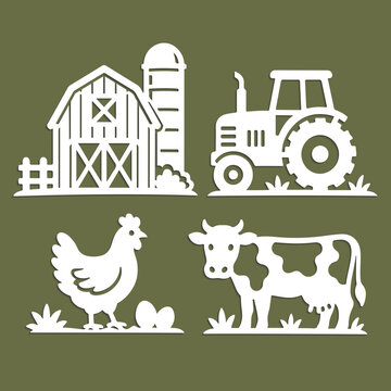 Paper cutting set with barn, tractor, chicken and farm cow. Simple flat silhouette vector art in paper cut craft style.