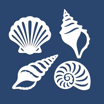 Paper cutting set with different sea shells. Simple flat silhouette vector art in paper cut craft style.
