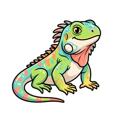 Fototapeta premium Colorful Cartoon Iguana: A vibrant and whimsical iguana with a playful expression, rendered in a charming cartoon style, showcasing its unique color patterns and spiky dorsal crest.