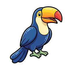 Naklejka premium Cartoon Toucan with Big Beak: A charming cartoon toucan with vibrant blue feathers and an oversized, colorful beak stands perched, ready to take flight.
