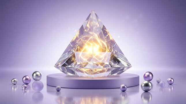 Luxurious glowing crystal pyramid with purple spheres on pedestal