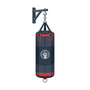 Heavy boxing punching bag hanging on a wall mount bracket for gym workout illustration