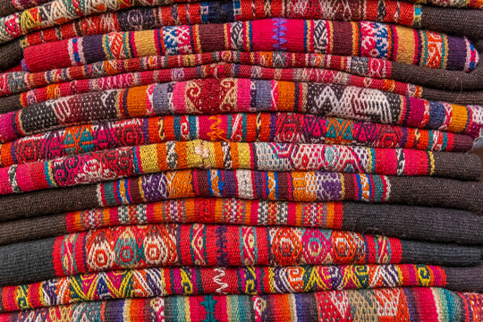 Traditional andean textiles on art and craft market, Tarabuco, Sucre, Bolivia.