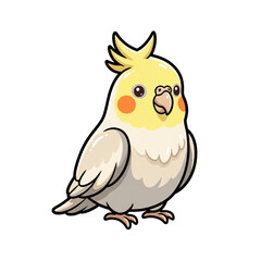 Naklejka premium Cute Cockatiel Illustration: A charming, plump cockatiel with bright eyes, a yellow crest, and orange cheek patches, depicted in a simple, adorable cartoon style.