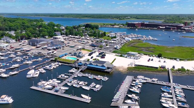 Barrington Yacht Club aerial view at Tyler Point in town of Barrington, Rhode Island RI, USA. Tyler Point located at the mouth of Palmer River into Barrington River. 