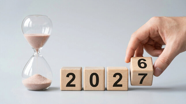 Hand changing year from 2022 to 2027 on wooden blocks with hourglass symbolizing time passing and future planning
