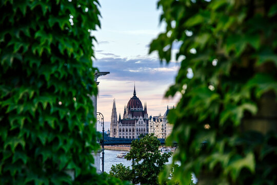 Hungarian parliament building with green leaves
