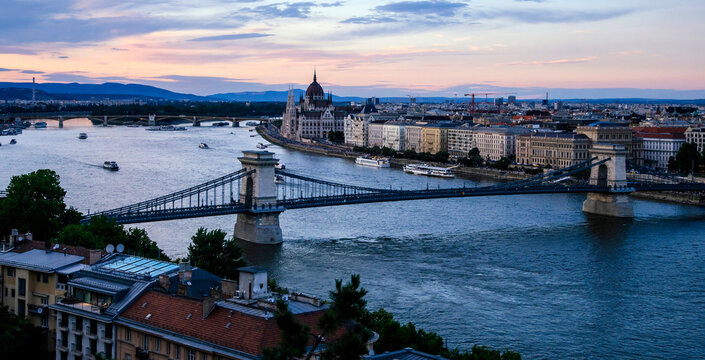 Hungarian parliament building and Danube river at sunset, Budapest, Hungary