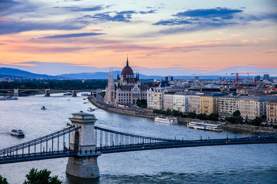Hungarian parliament building and Danube river at sunset, Budapest, Hungary